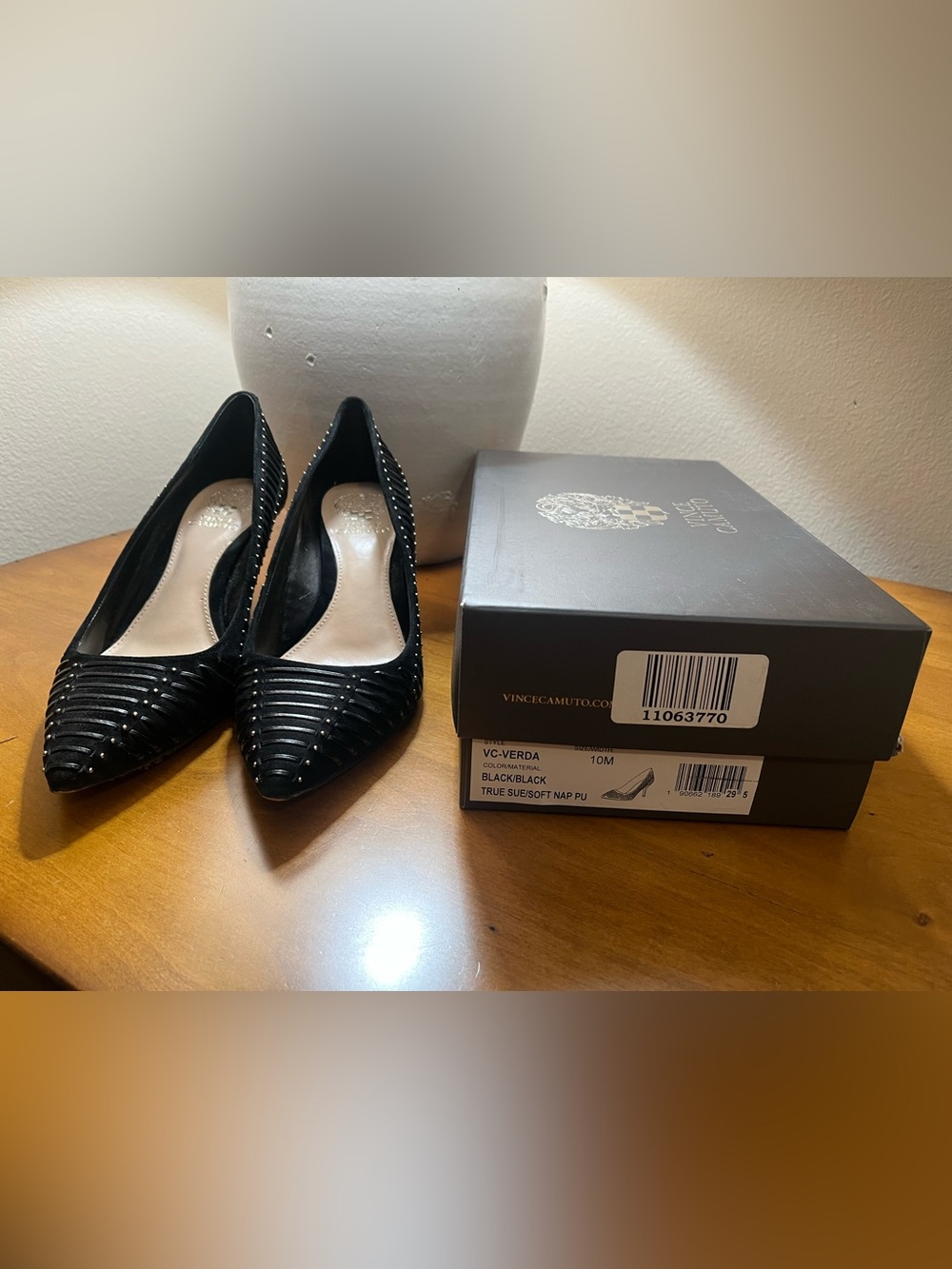 Vince Camuto Black Suede Studded Pointed-Toe 2” Heels Contemporary Edgy Chic - Picture 6 of 8